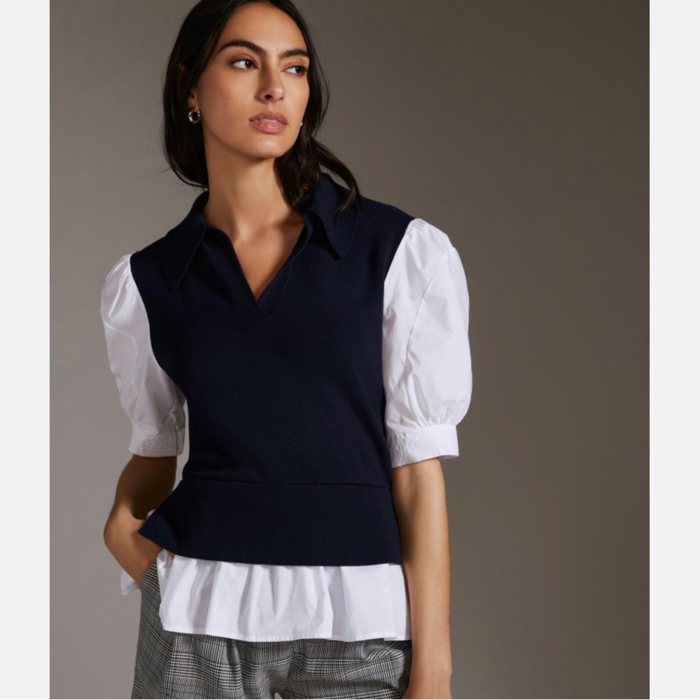 Maeve Navy and White Puff Sleeve Top